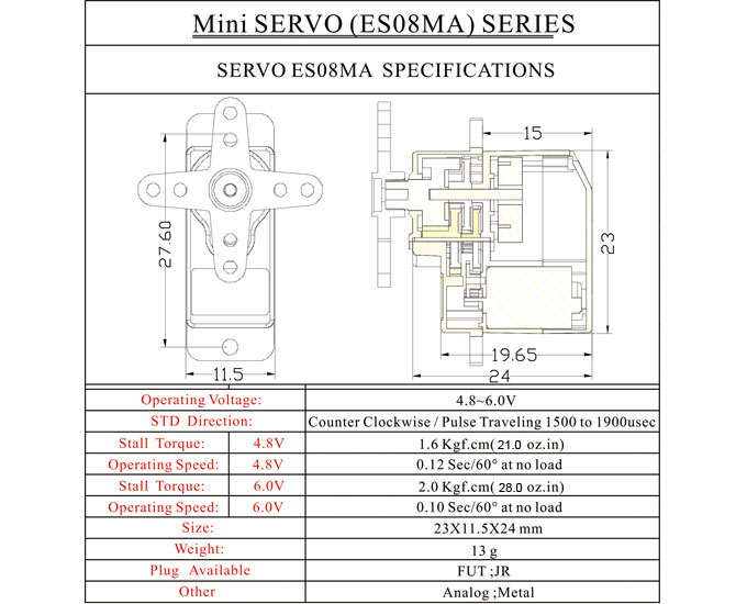 Emax ES08MA 12g Analog Metal Gear 2.0kg - Click Image to Close